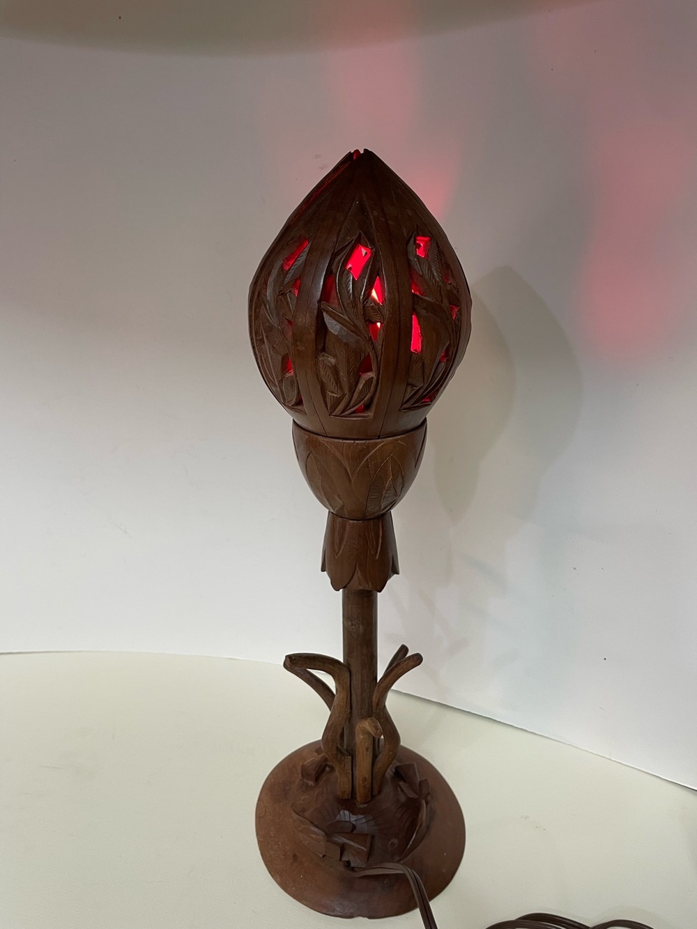 50s Vintage Wooden Handcrafted Lotus Flower Lamp MCM 16.5” Tiki
